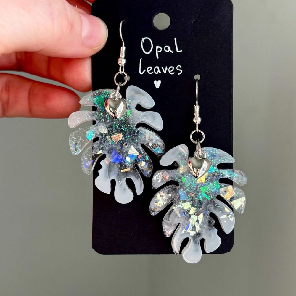 Monstera Leaf Resin Earrings with Iridescent Glitter and Silver Hearts